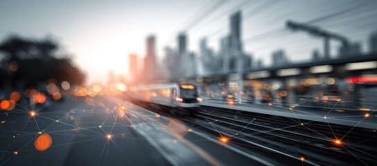 Blurred Cityscape With Train Tracks And Digital Network Overlay Under Bright Sunset Light