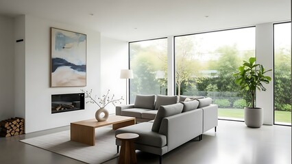 Modern living room with large windows overlooking a lush green garden and minimalist fireplace