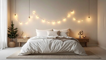 Cozy winter bedroom escape with twinkling fairy lights and mini Christmas tree, warm festive interior creating comforting holiday vibe in peaceful seasonal home atmosphere