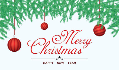 Minimalist Merry Christmas and Happy New Year Greeting Card Design with Pine Borders, Hanging Ornaments, and Modern Stylized Holiday Elements