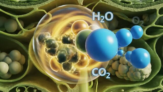 Detailed 3D animation of photosynthesis process in plant cells showing light energy water carbon dioxide and glucose production.