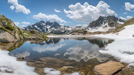 Scenic alpine lake reflecting snowy mountains and cloudy sky on a sunny day