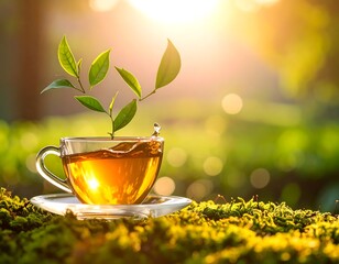 Sunny image shows cup of tea with fresh leaves rising from it