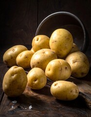 Still life of golden potatoes spilling from a metal bowl on wood