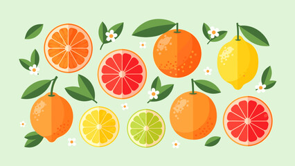 Vibrant Flat Design Citrus Fruits Collection with Leaves and Blossoms: Oranges, Lemons, Limes, Grapefruits