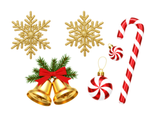 Festive collection of sparkling golden snowflakes, shiny bells, and striped ornaments creates a joyful holiday display with a classic candy cane