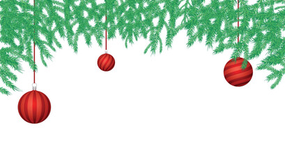 Christmas green pine branches and red Christmas Ornaments, Merry Christmas background