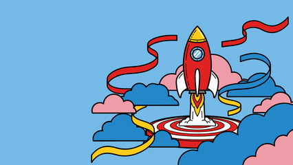 Red Rocket Launching from Target with Colorful Clouds & Ribbons - Startup, Innovation & Success Concept