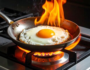 Sunny-side-up egg sizzling in a pan with flames rising