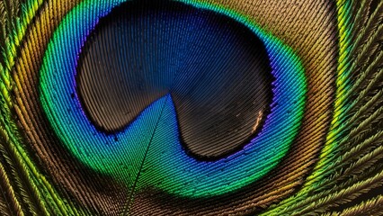 Obraz premium Stunning macro view reveals the vibrant iridescent colors and intricate texture of a peacock feather eye spot