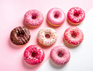 A delightful collection of assorted donuts with colorful frosting and sprinkles, perfect for celebrations and sweet cravings