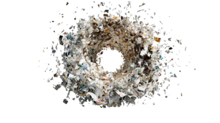 Shredded paper bursting outwards from a central hole, representing data loss, confidential document disposal, and digital information overload