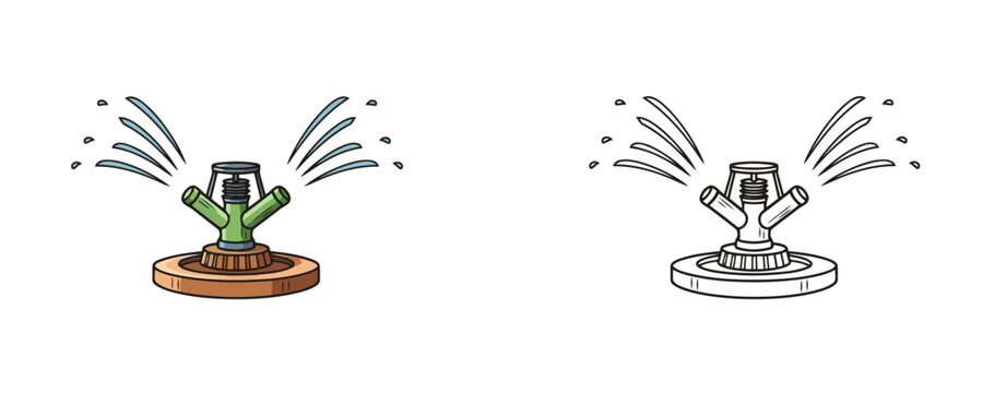 Vector illustration of an isolated cartoon garden rotary sprinkler with green nozzles and a brown base, spraying water, presented in two styles: colored and black outline