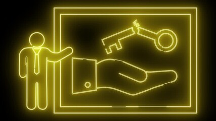 Neon style illustration a man presenting a broken key in a hand within a frame all in yellow lines on a black background