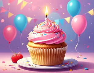 Sweet cupcake with pink frosting, balloons, and festive decorations