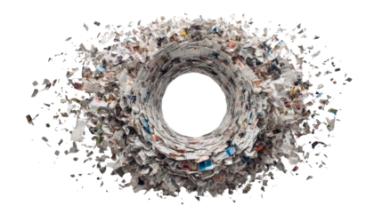 Shredded paper forming a vortex, representing data information overload, chaos, and digital disintegration on transparent background