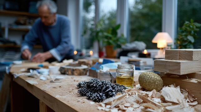 A focused artisan at work in a workshop, surrounded by wood shavings and holiday crafting materials, capturing the essence of creativity and the spirit of handmade gifts.