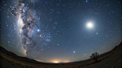 Expansive night sky view with the Milky Way arching over a dark landscape illuminated by distant light