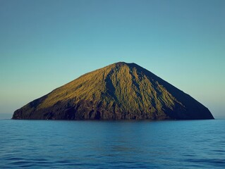 A solitary, volcanic island rises from the calm, blue sea under a clear sky