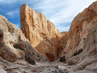 Dramatic canyon landscape with towering rock formations under a blue sky with clouds