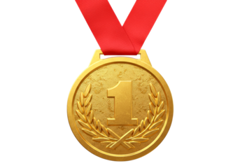 Shiny gold first place medal, featuring the number one and an elegant laurel wreath design, hangs from a vibrant red ribbon, symbolizing achievement and victory