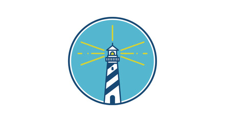 Lighthouse Icon in Circle with Beams of Light.