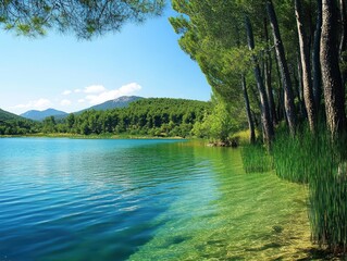A serene lake surrounded by lush green trees under a clear blue sky creates a tranquil landscape