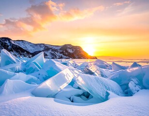Sunset over a frozen landscape with ice formations and mountains