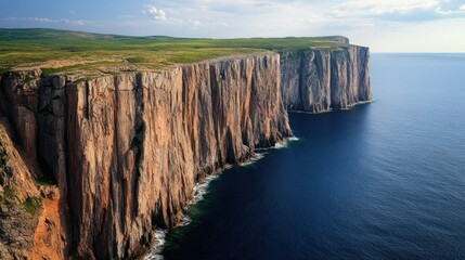 Dramatic Coastal Cliffs Meet the Ocean Under a Clear Sky with a Lush Green Plateau Above