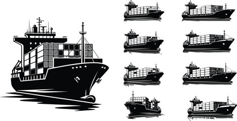 Set of black cargo ship silhouettes, container vessel vector illustration isolated on white background, sea transport logistic and freight shipping industry icon © Shoentesh