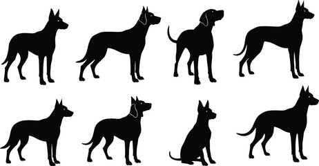 Set of black dog silhouettes, standing and sitting poses of shepherd and doberman breeds, vector illustration isolated on white background, pet animal collection.