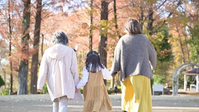 秋の公園で遊ぶ祖母と孫の3世代家族 お出かけやレジャーのイメージの手を繋ぐ、仲良しで歩くシーンの動画　顔無しの後ろ姿　スローモーションで落ち葉の前ボケあり