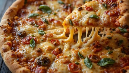 Freshly baked pizza with melted cheese pull, top-down shot, vibrant colors, crisp details"
