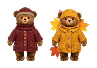 Two adorable fluffy brown teddy bears are dressed in warm knitted sweaters and hats, one surrounded by vibrant autumn maple leaves, creating a cozy seasonal mood