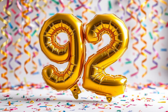 Birthday balloon number ninety two, golden letter figure 92 celebration background AI Generative