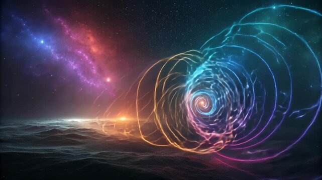 Vibrant glowing energy spiral forming a mesmerizing cosmic vortex in deep space over a mysterious alien planet surface