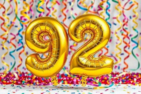 Birthday balloon number ninety two, golden letter figure 92 celebration background AI Generative