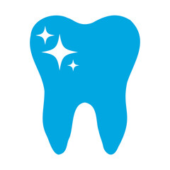 Tooth blue icon symbol with shining white stars in a flat style. Simple tooth silhouette on a white background. Dental concept. Modern, minimalist blue icon. Vector element for websites and mobile app