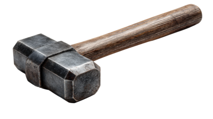 Sledgehammer presenting a powerful steel head and a textured wooden handle, symbolizing strength, heavy work, and manual labor