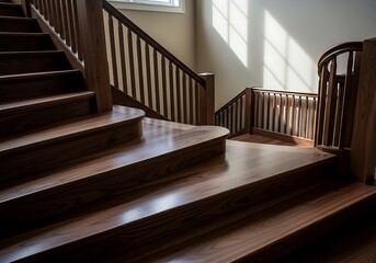Interior staircase design with a glossy dark wood finish and natural light