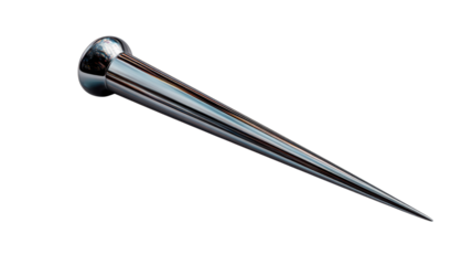 Steel construction pin featuring a polished chrome finish, an essential tool or fastener presented on a clear background