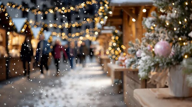 Verschneiter Weihnachtsmarkt mit Lichterketten und Holzh&uuml;tten