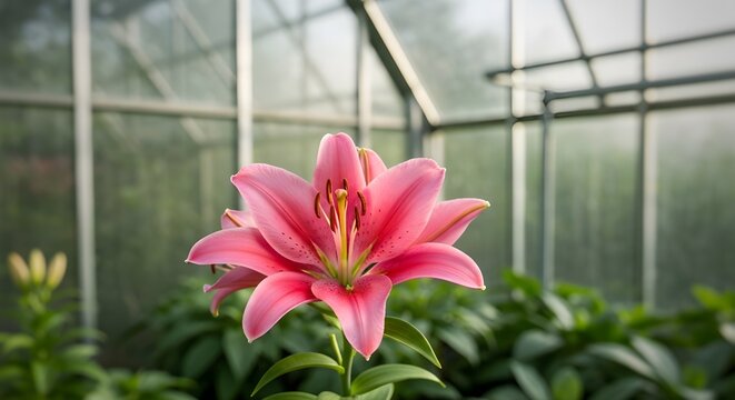 Vibrant Pink Stargazer Lily Blooming in a Greenhouse - Powered by Adobe