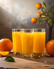 Three tall glasses of freshly squeezed citrus juice, with oranges