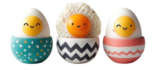 Three cheerful egg-shaped characters in colorful cups, with one featuring a sunny-side-up egg, set against a bright background
