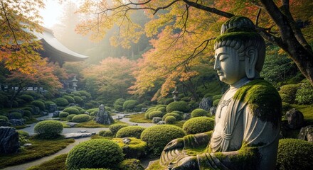 A serene Buddha statue sits in a tranquil Japanese garden, surrounded by lush greenery and autumnal foliage. The scene is bathed in soft, diffused light, creati