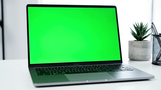 Office Desk with Chroma Key Display laptop green screen background on people attending business meeting isolated mockup template blank and copy space computer close up distortion, overlay, glitch