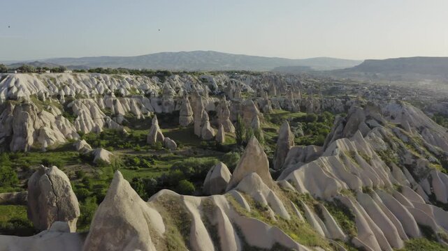 Aerial view of the valley with fairy chimney rocks, Cappadocia, Turkey
