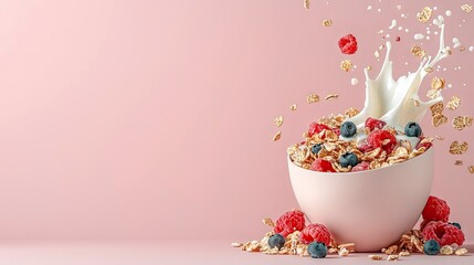 Cereal with berries and milk splash on pink background