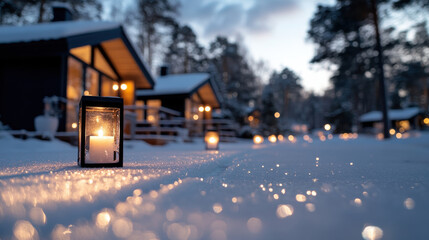 A charming snowy winter pathway illuminated by lanterns creates a magical atmosphere, showcasing the beauty of the season, perfect for holiday strolls and cozy evenings.